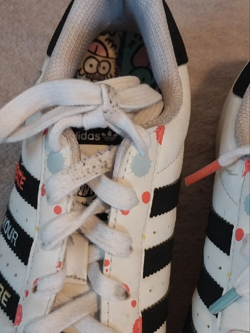 Kids White Sneakers with Black Stripes and Colorful Dots